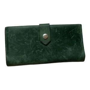 Handmade 100% real full grain leather women’s long bifold wallet in dark green